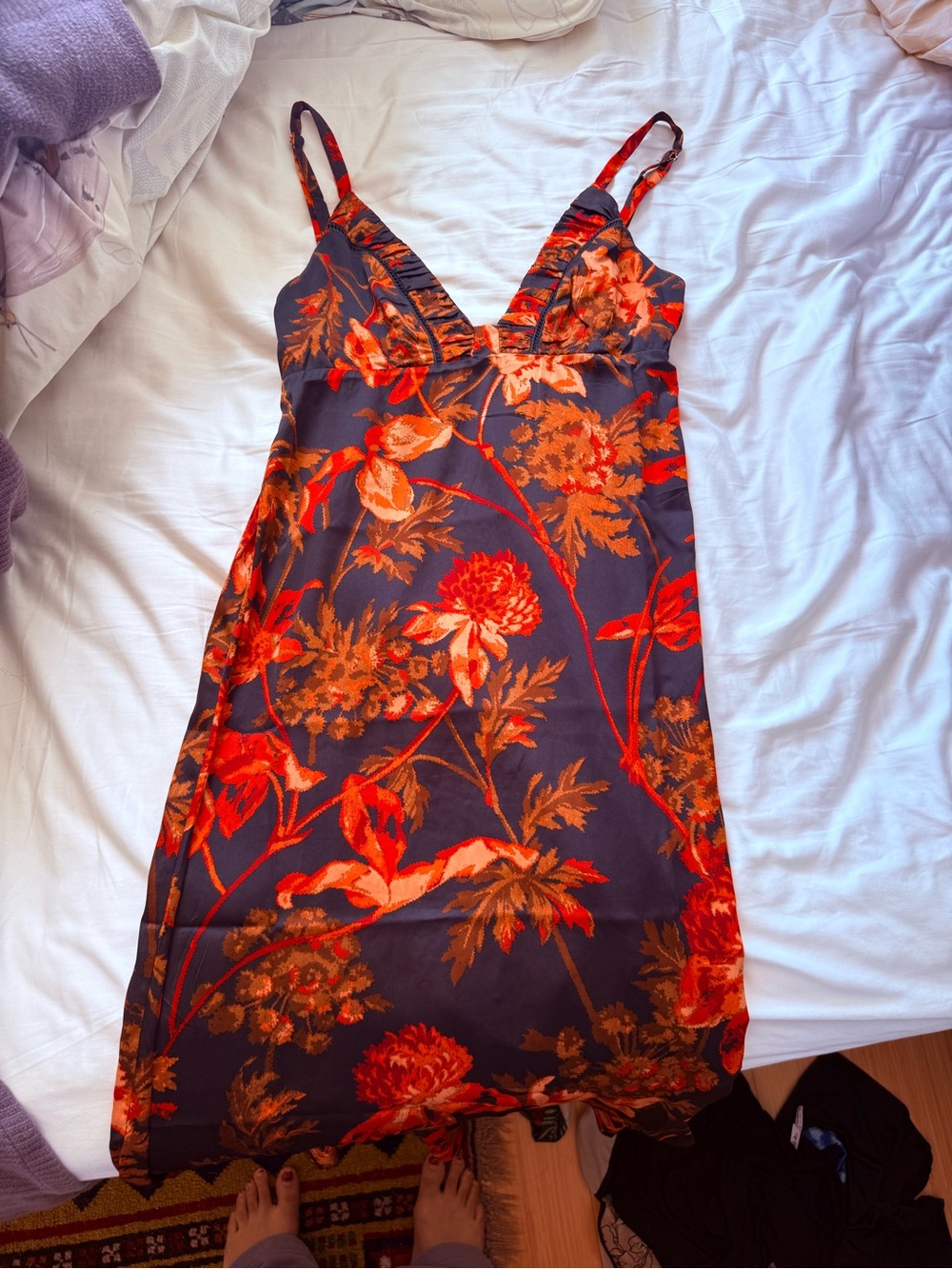 Free People Red & Orange Floral Satin Slip